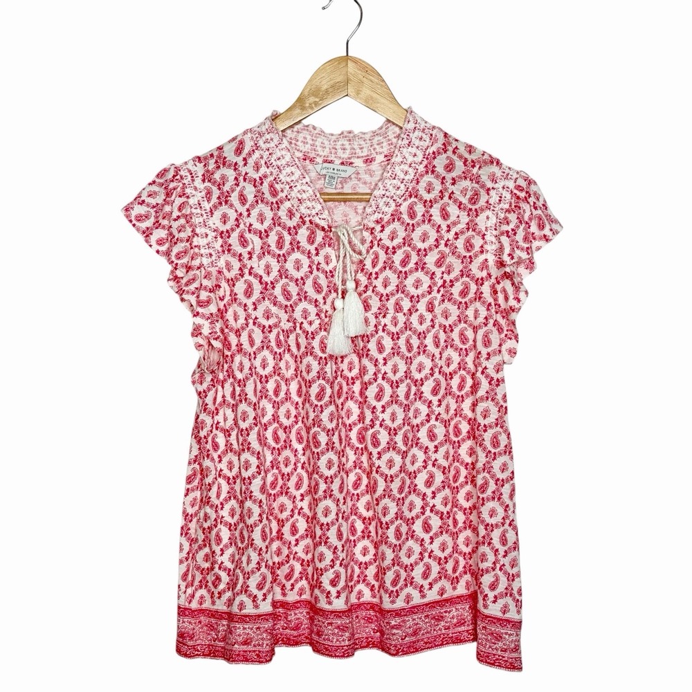 Lucky Brand Boho Knit Top Pink Womens Sz M Tasseled Short Sleeve Paisley Hippie